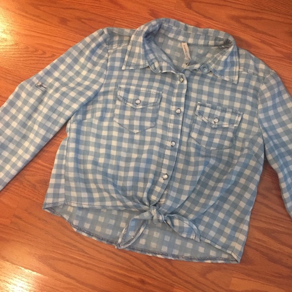 Button Down Tie Knotted Checked Long Sleeve Top - Picture 1 of 10